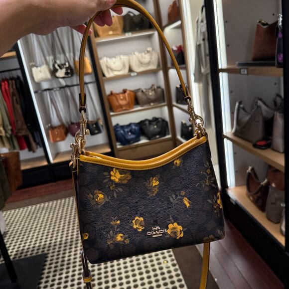 Coach Laurel Small Shoulder Bag Signature Canvas With Floral CCF17 Walnut/Yellow - Picture 7 of 11